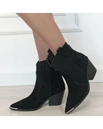 Cizme scurte negre din piele naturala cu toc comod 6397 114 18660, Negru