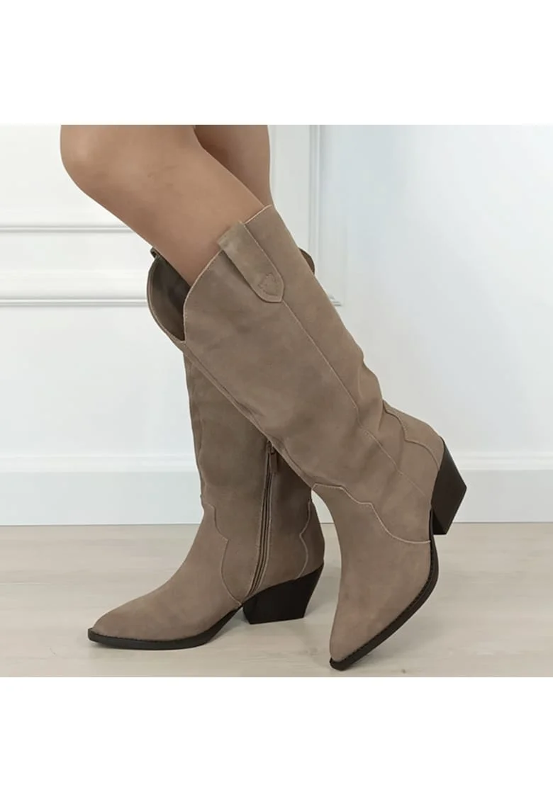 Cizme kaki din piele naturala cu toc comod 6396 113 18672, Kaki