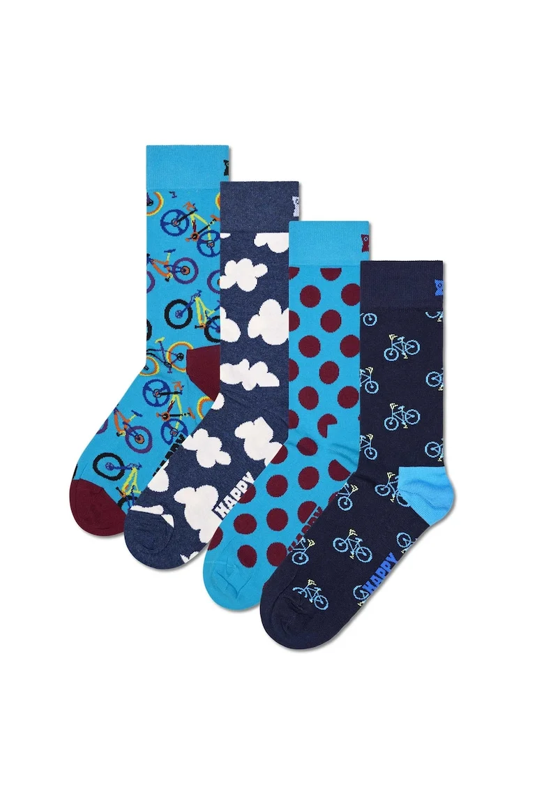 Set de 4 perechi de sosete lungi unisex, Visiniu/Galben/Albastru