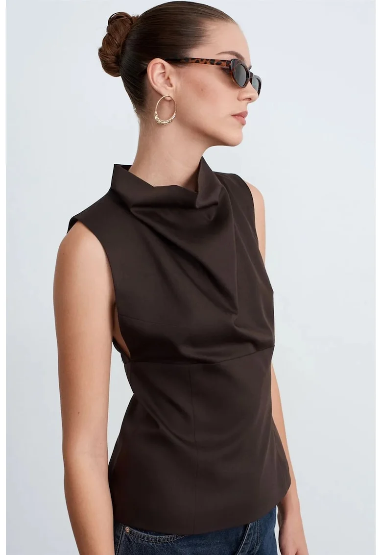 Bluza dama,  Bluza fara maneci, drapaj, maro cafea