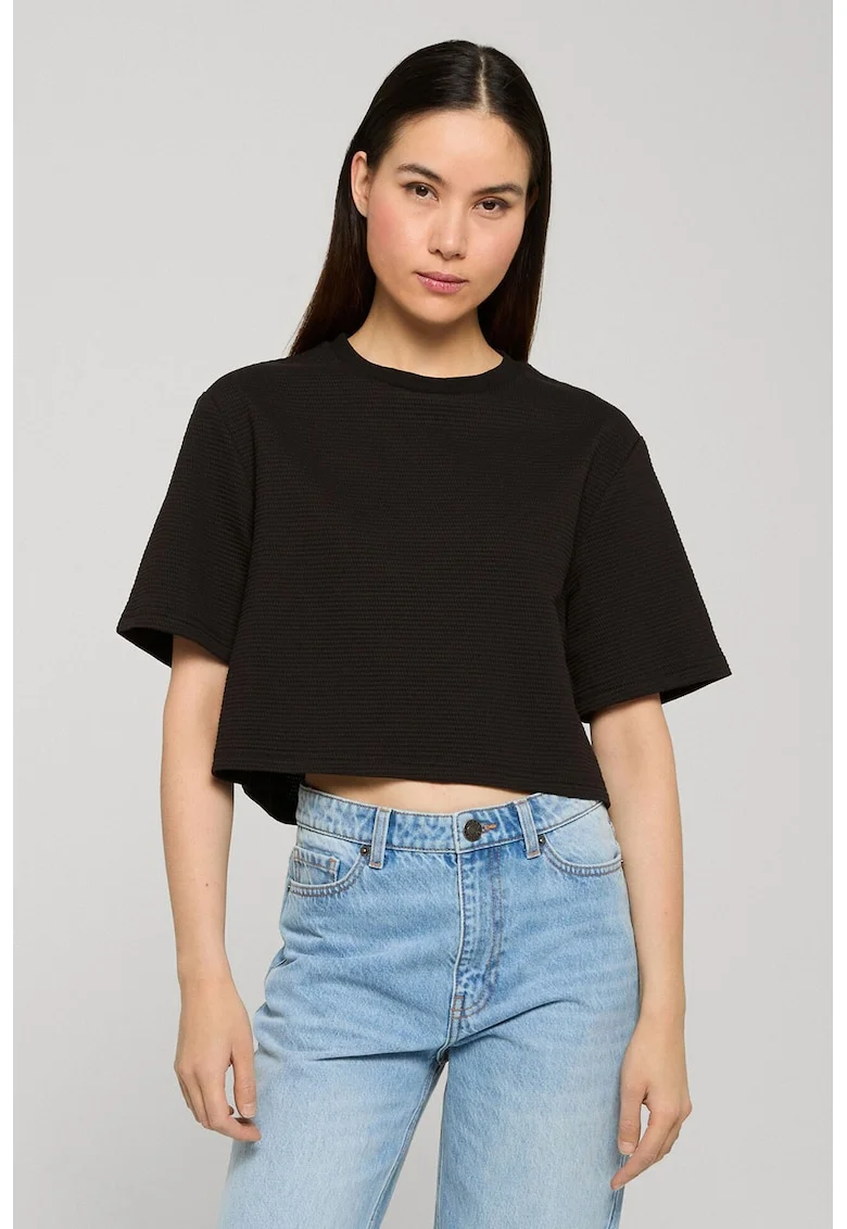 Tricou texturat cu decolteu la baza gatului, Negru