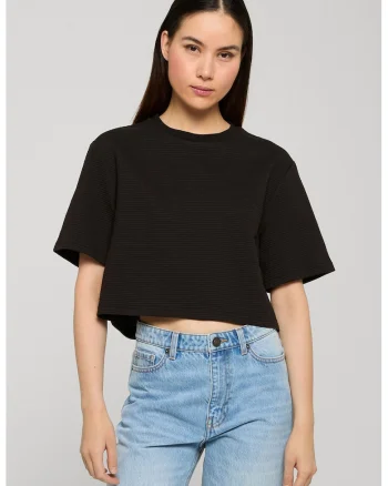 Tricou texturat cu decolteu la baza gatului, Negru