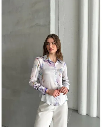 Camasi dama,  camasa cu imprimeu abstract, mov lila, poliester, maneca lunga
