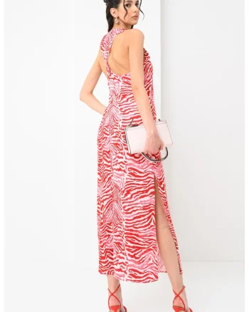 Rochie lunga cu croiala dreapta si model in dungi, Rosu/Alb/Roz deschis