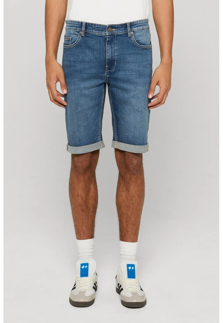 Bermude din denim cu terminatie plisata, Albastru prafuit