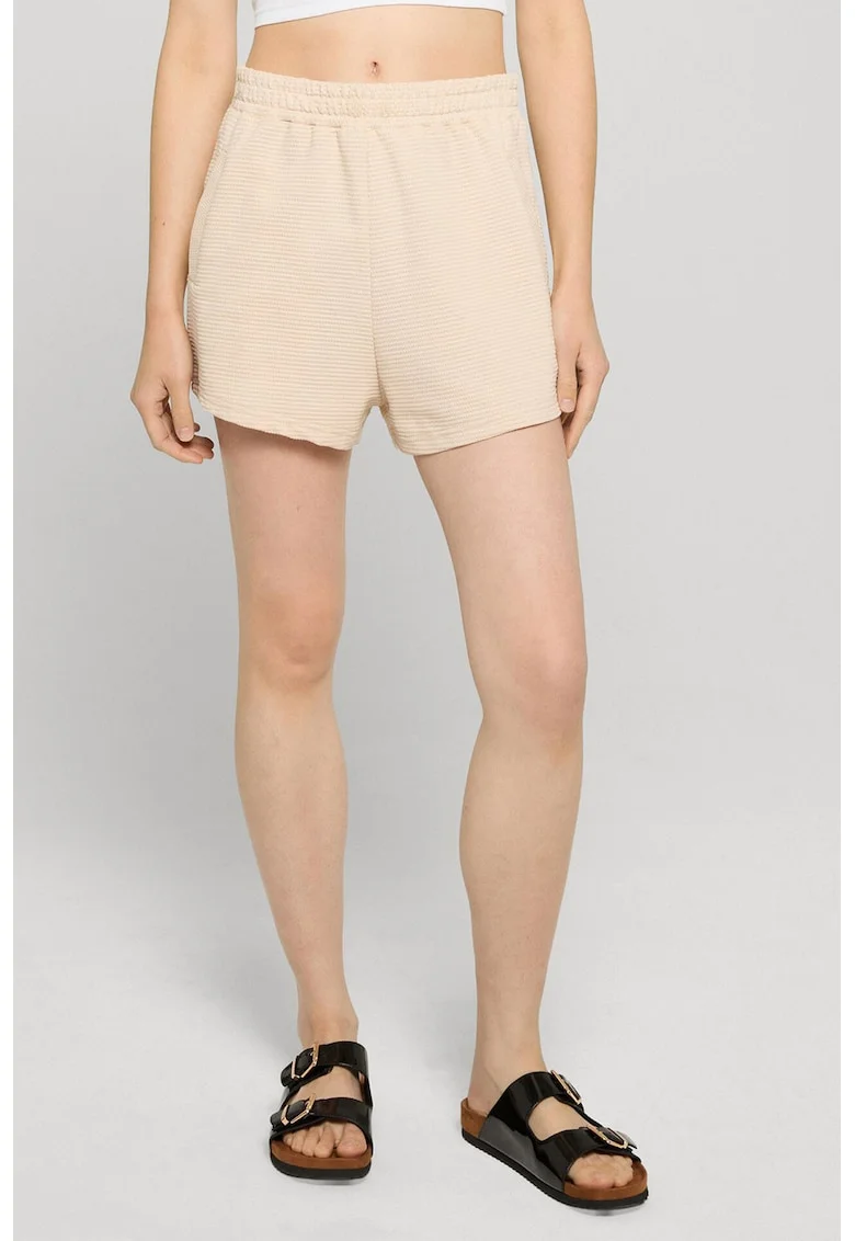 Pantaloni scurti cu talie medie si elastica, Crem