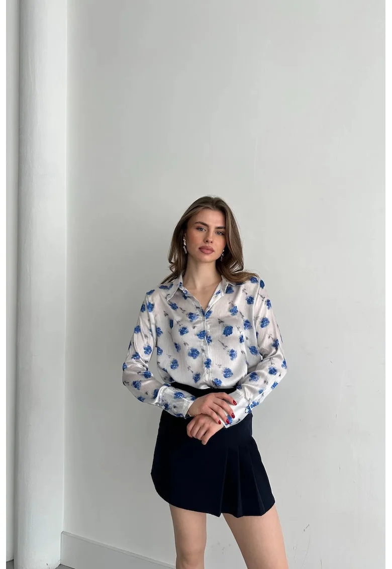 Camasi dama,  camasa cu imprimeu floral, maneca lunga, albastru cerulean, 100% poliester
