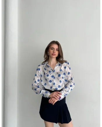 Camasi dama,  camasa cu imprimeu floral, maneca lunga, albastru cerulean, 100% poliester