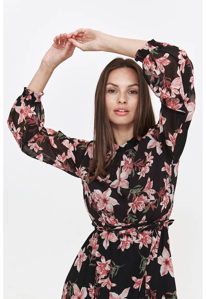 Rochie maxi cu model floral, Negru/Roz