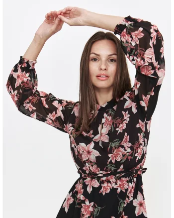 Rochie maxi cu model floral, Negru/Roz