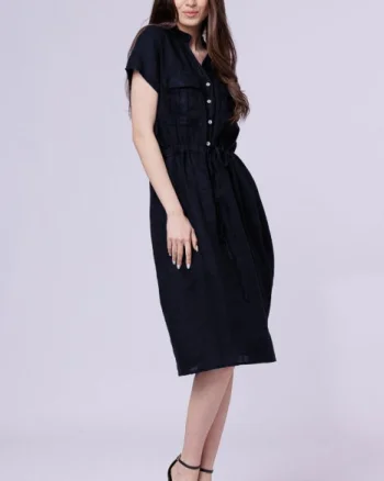 Rochie de vara midi din in cu buzunare si siret in talie, bleumarin