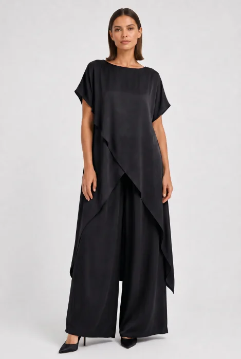 Compleu dama elegant din vascoza cu tunica asimetrica si pantaloni palazzo, negru