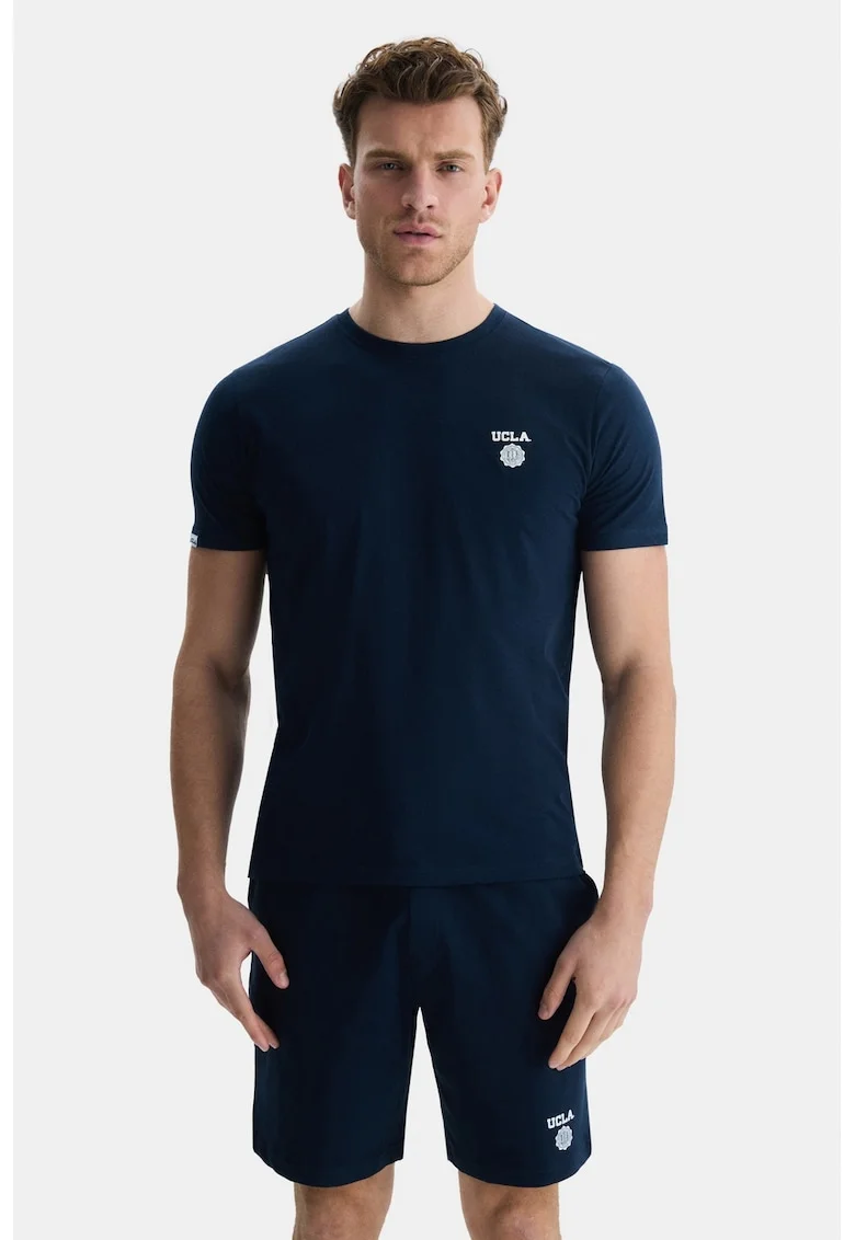Tricou de bumbac cu decolteu la baza gatului, Bleumarin