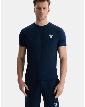 Tricou de bumbac cu decolteu la baza gatului, Bleumarin