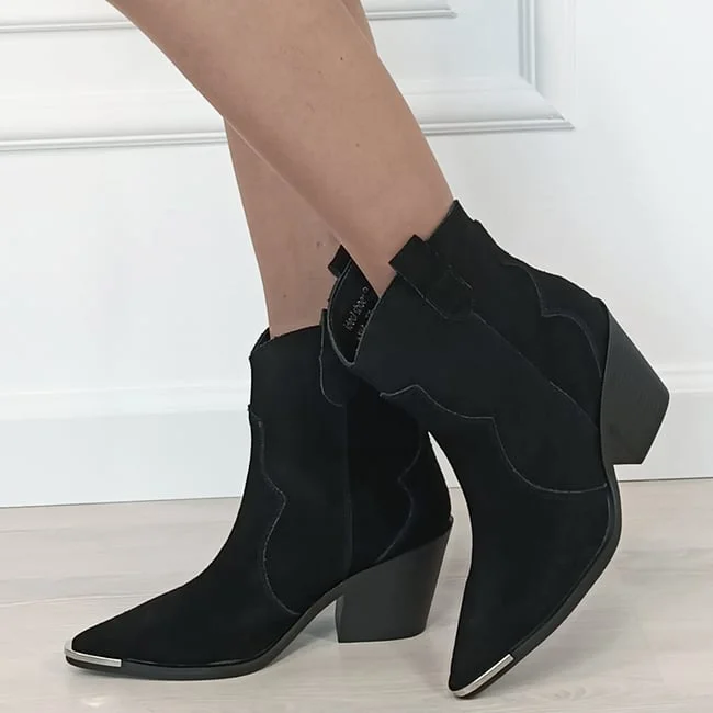 Cizme scurte negre din piele naturala cu toc comod 6397 114