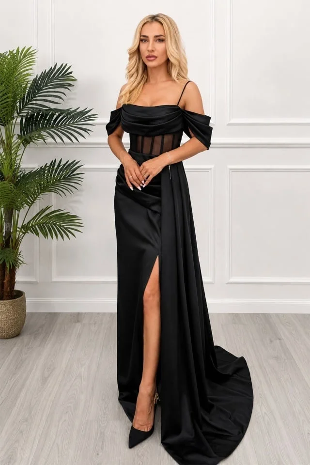 Rochie lungă satinata SABella, tip sirenă, cu fald lateral și trenă, NEGRU