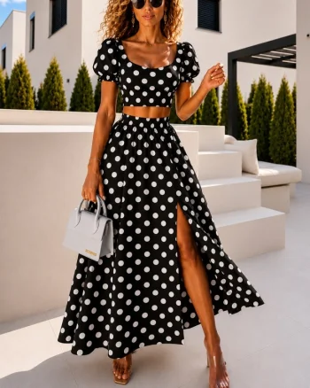 Compleu cu fusta lunga, Iolanda, top bufant si print polka dot, Negru