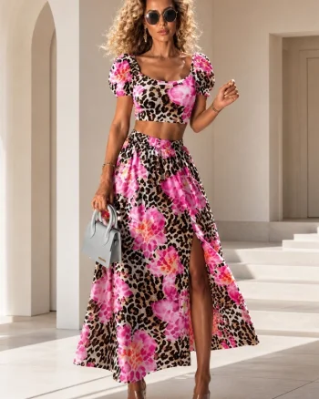 Compleu cu fusta lunga, Iolanda, top bufant si roses print, Fucsia