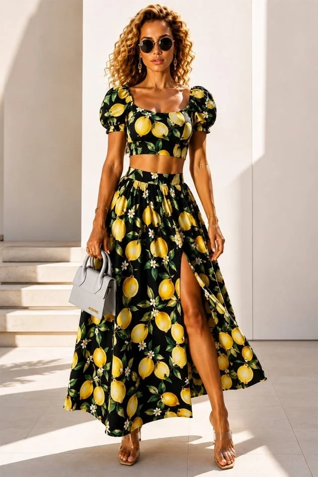 Compleu cu fusta lunga, Iolanda, top bufant si lemon print, Galben