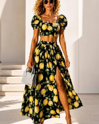 Compleu cu fusta lunga, Iolanda, top bufant si lemon print, Galben