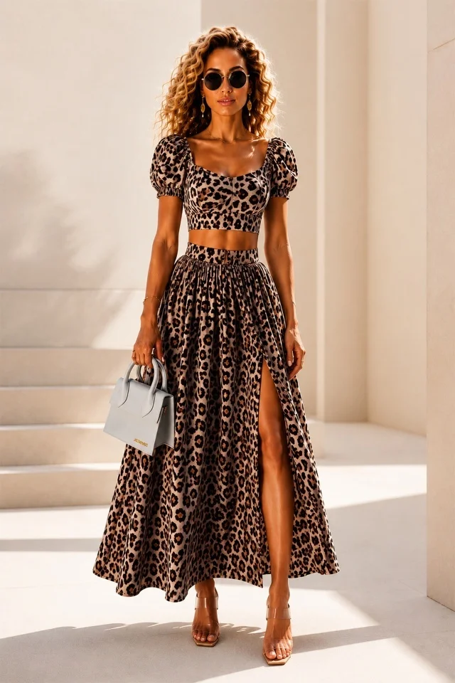 Compleu cu fusta lunga, Iolanda, top bufant si animal print, BEJ