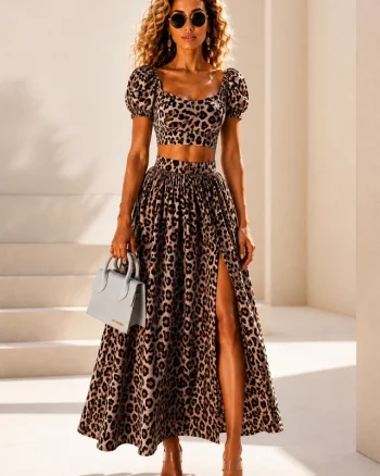 Compleu cu fusta lunga, Iolanda, top bufant si animal print, BEJ