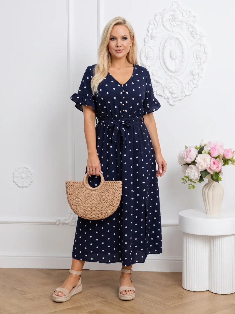 Rochie midi bleumarin cu buline ...