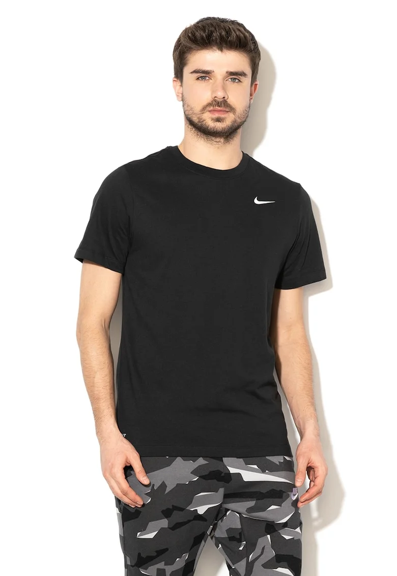 Tricou cu tehnologie Dri-FIT si decolteu la baza gatului, pentru fitness, Alb/Negru