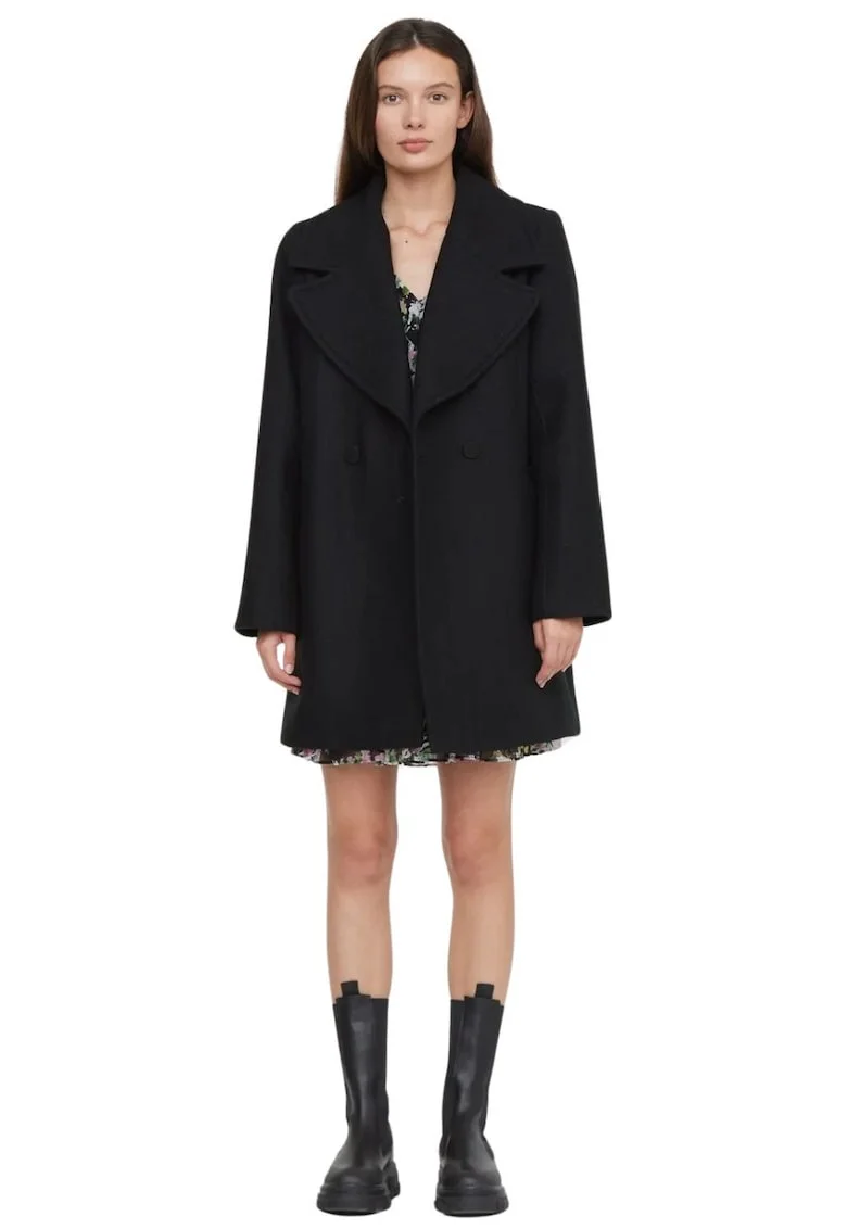 Palton elegant,  negru, lana si poliester, cu nasturi dubli, pentru femei,