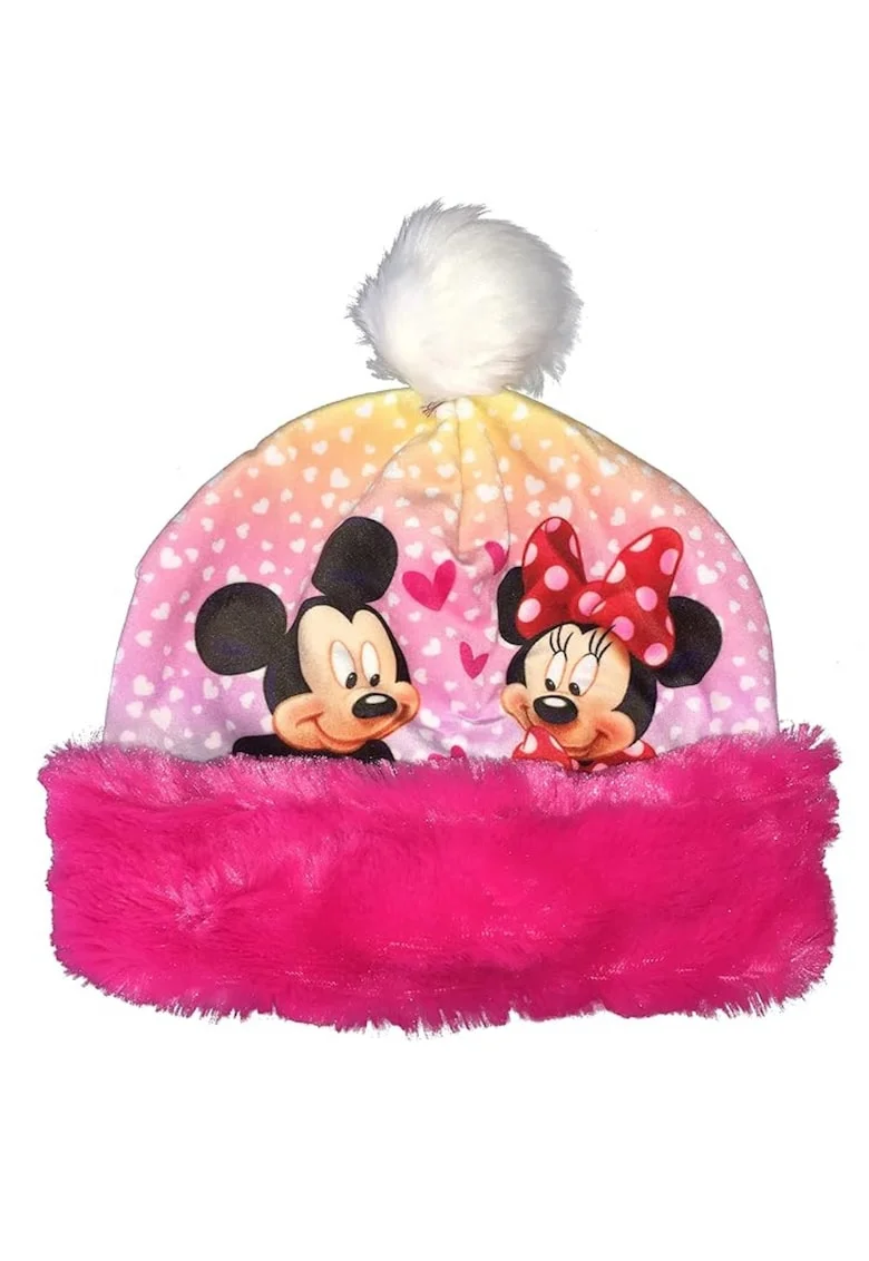 Caciula copii  Minnie Mouse, roz, 100% poliester, calduroasa, cu pompon