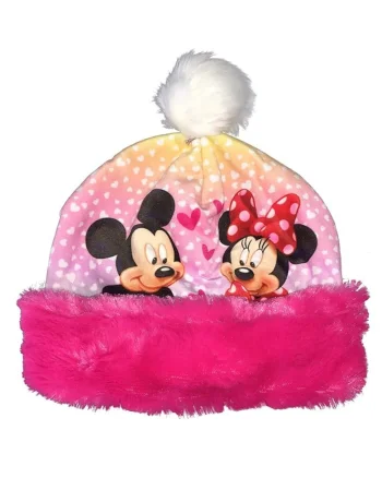 Caciula copii  Minnie Mouse, roz, 100% poliester, calduroasa, cu pompon