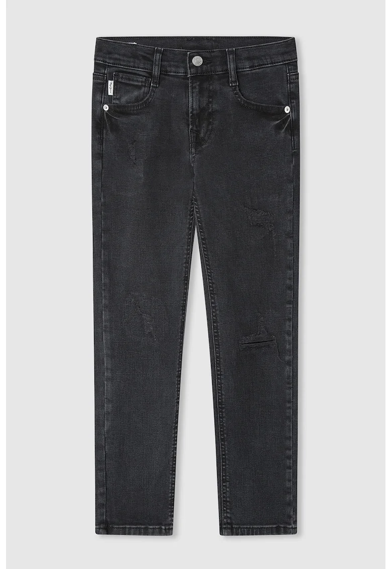 Blugi slim fit cu aspect deteriorat, Negru