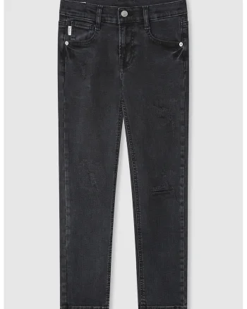 Blugi slim fit cu aspect deteriorat, Negru