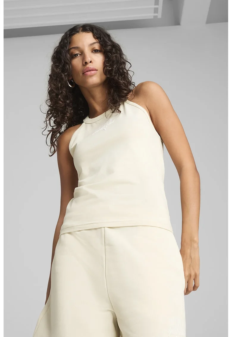 Top cu decolteu halter si logo, Crem