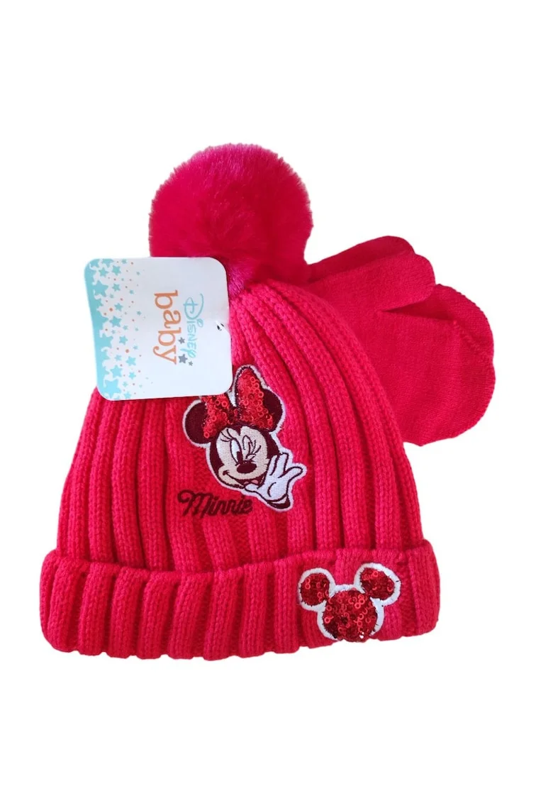 Set caciula si manusi  Minnie, rosu, 48, material acrilic, cu pompon si detalii brodate