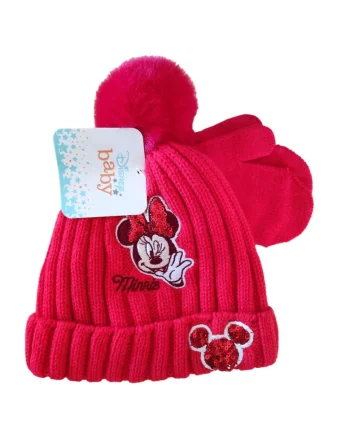 Set caciula si manusi  Minnie, rosu, 48, material acrilic, cu pompon si detalii brodate