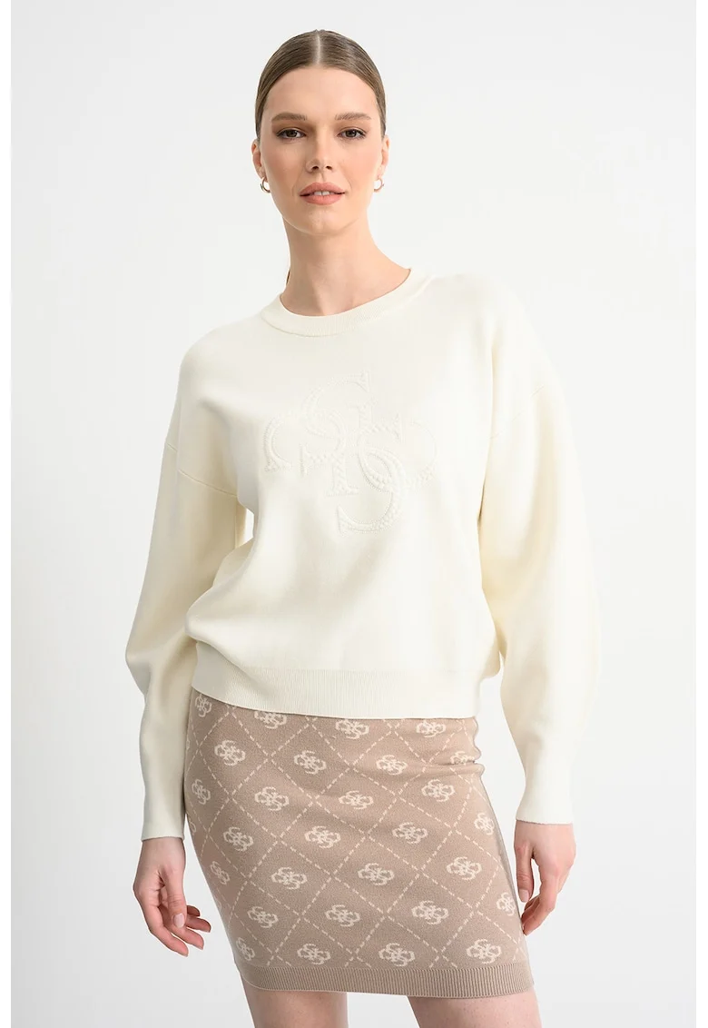 Bluza de trening cu maneci cazute si logo in relief, Crem
