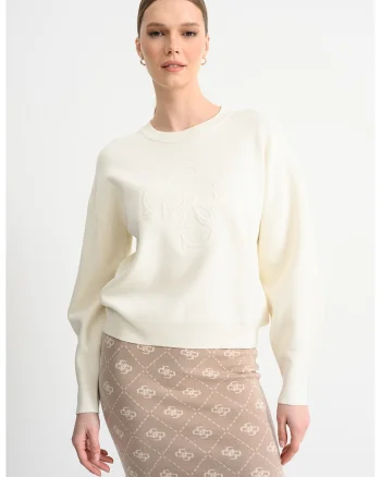 Bluza de trening cu maneci cazute si logo in relief, Crem