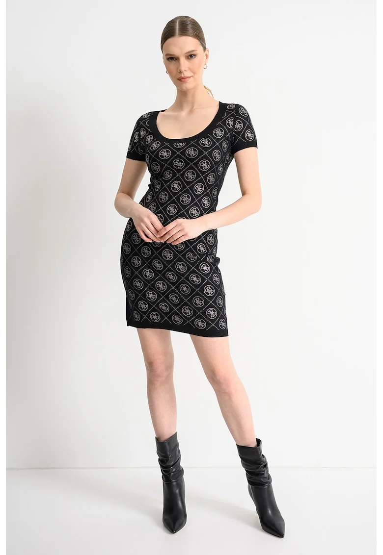 Rochie-tricou elastica cu model monograma, Negru/Argintiu