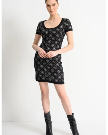 Rochie-tricou elastica cu model monograma, Negru/Argintiu