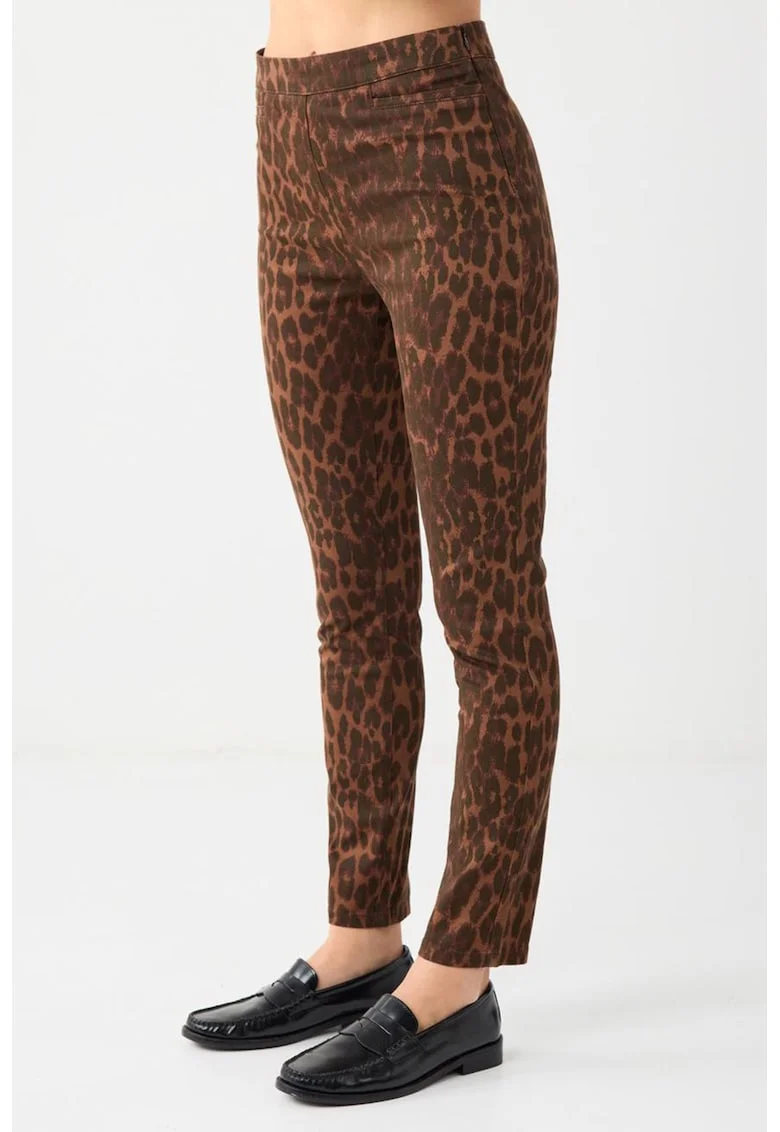 Pantaloni slim fit din amestec de lyocell cu model animal print si talie inalta, Maro inchis