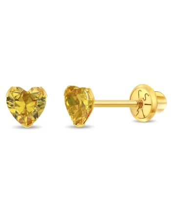 Cercei Aur 14K Copii, model Birthstone (zi nastere noiembrie), forma Inima cu Piatra CZ Yellow, inchidere cu Filet si Protectie