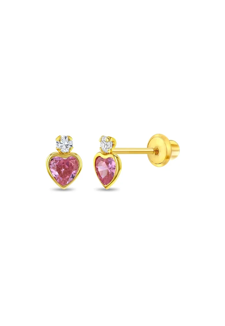 Cercei din Aur 14K pentru Copii, model Royal Heart cu Piatra CZ Alba si Roz, inchidere cu Filet si Protectie