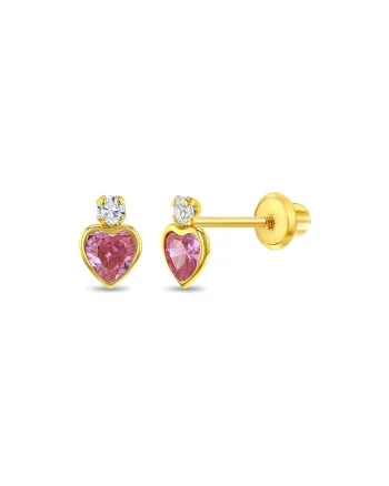 Cercei din Aur 14K pentru Copii, model Royal Heart cu Piatra CZ Alba si Roz, inchidere cu Filet si Protectie