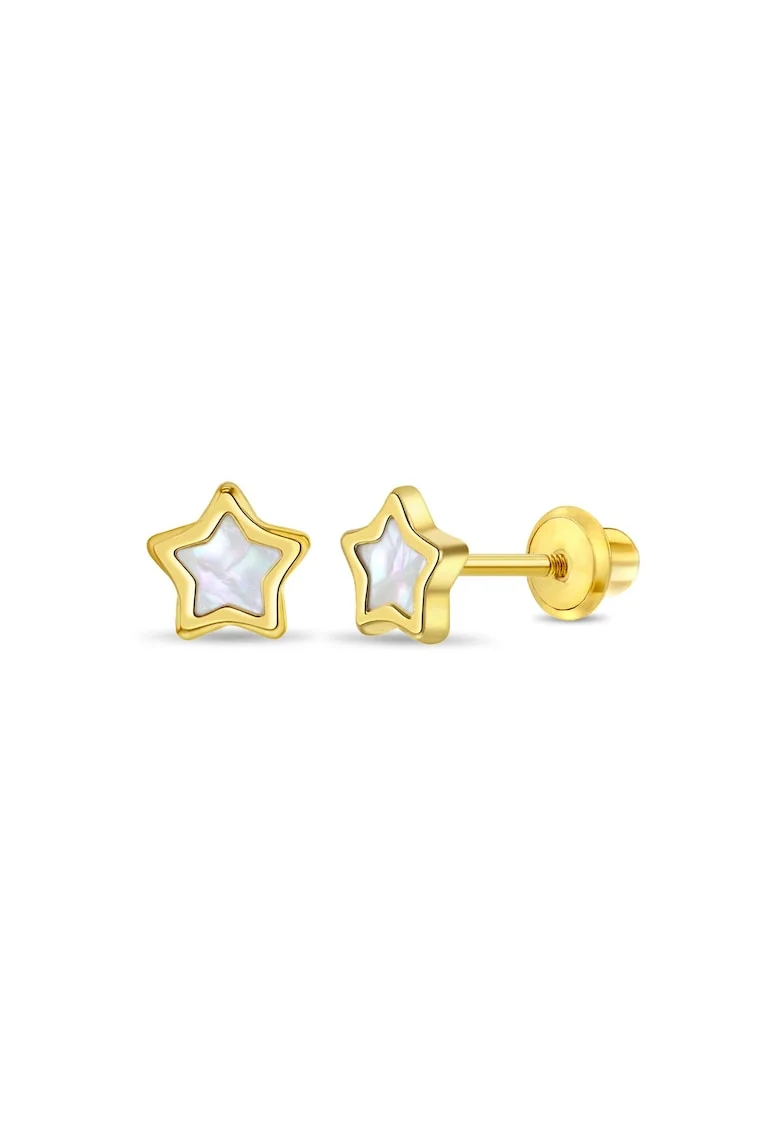 Cercei din Aur 14K pentru Copii, model Stea cu Sidef Mother of Pearl, inchidere cu Filet si Protectie