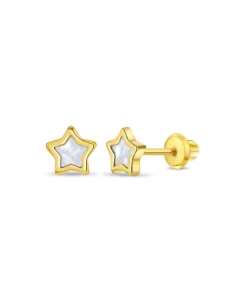 Cercei din Aur 14K pentru Copii, model Stea cu Sidef Mother of Pearl, inchidere cu Filet si Protectie