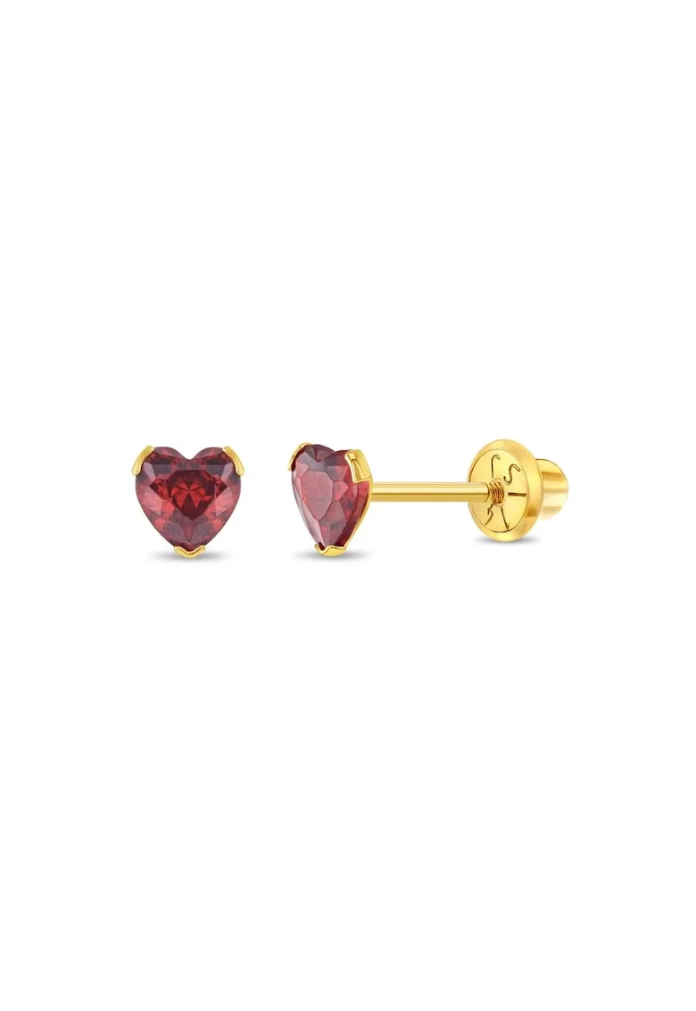 Cercei Copii din Aur 14K, model Birthstone (zi nastere ianuarie), forma Inima cu Piatra CZ Red, inchidere cu Filet si Protectie