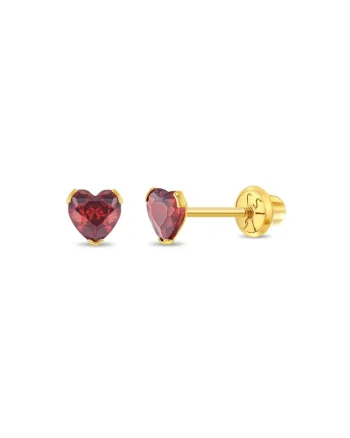 Cercei Copii din Aur 14K, model Birthstone (zi nastere ianuarie), forma Inima cu Piatra CZ Red, inchidere cu Filet si Protectie