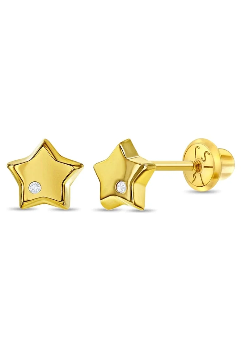 Cercei din Aur 14K pentru Copii, model Stea cu Diamant, inchidere cu Filet si Protectie