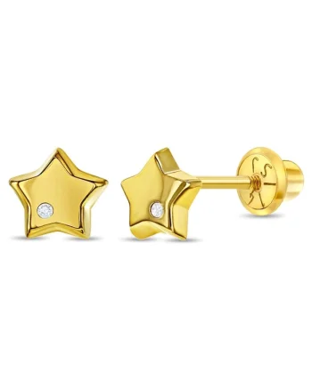 Cercei din Aur 14K pentru Copii, model Stea cu Diamant, inchidere cu Filet si Protectie